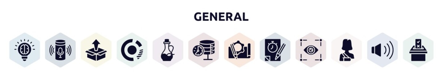 Fototapeta premium general filled icons set. glyph icons such as invention, smart assistant, product release, market share, massage oil, real time data, prototyping, quiz, shoulder immobilizer icon.