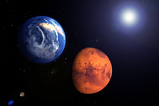 Planets Earth and Mars on a dark background. Elements of this image furnished by NASA