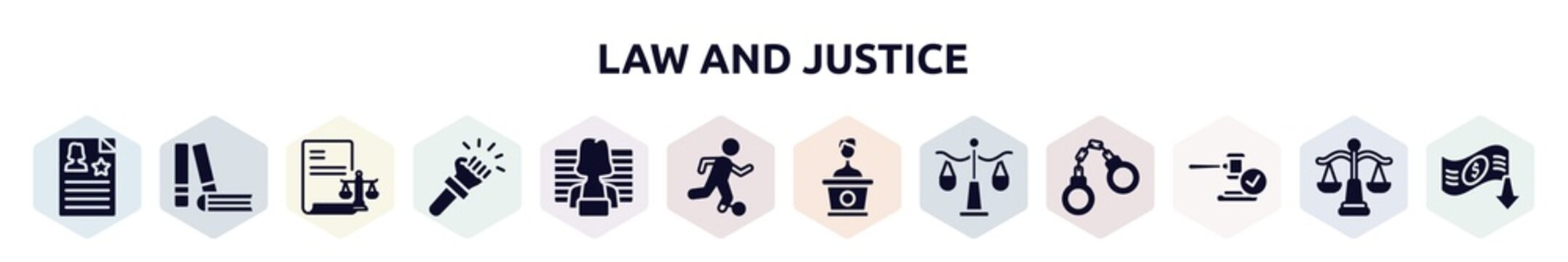 Law And Justice Filled Icons Set. Glyph Icons Such As Criminal Record, Practise Areas, Corporative Law, Violence, Prisoner, Escape, Counsel, Justice Scale, Veredict Icon.