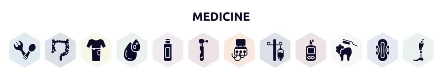 medicine filled icons set. glyph icons such as spoon and fork, intestine, patient robe, type 0, body oil, dental drill, dialysis, drip, brushing teeth icon.