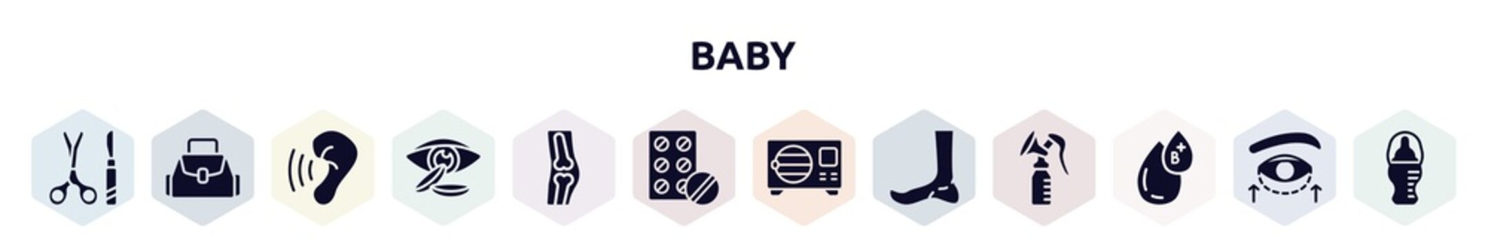 baby filled icons set. glyph icons such as tool surgeon, baby bag, hearing, contact lens, orthopedics, antibiotic, sterilization, ankle, type b icon.