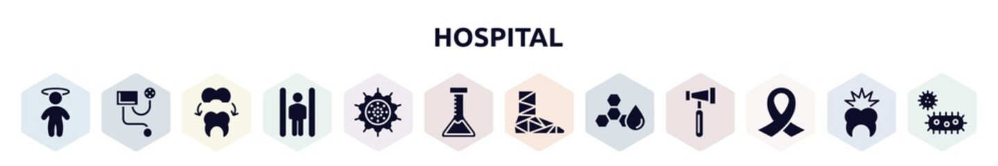 hospital filled icons set. glyph icons such as dizzy, blood pressure meter, dental crown, inversion therapy, pollen, medical lab, cast, trans fat, funeral icon.