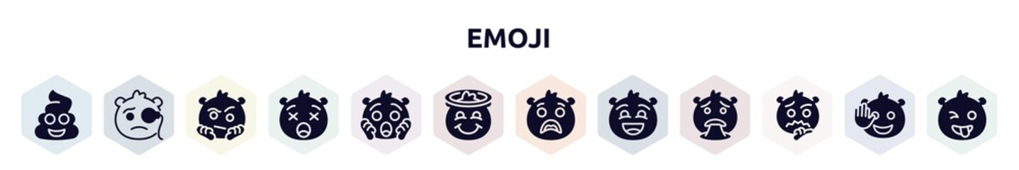 emoji filled icons set. glyph icons such as poo emoji, monocle emoji, suspect frowning with open mouth shocked smiling with halo surprise excited thinking icon.