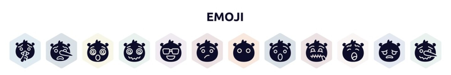 emoji filled icons set. glyph icons such as shushing emoji, liar emoji, dizzy hypnotized cool annoyed without mouth, hushed yawning icon.