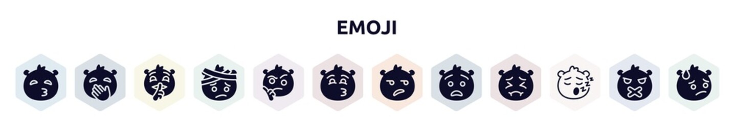emoji filled icons set. glyph icons such as kissing with closed eyes emoji, hand over mouth emoji, quiet with head-bandage wondering kissing with smiling eyes disappointed anguished sleep
