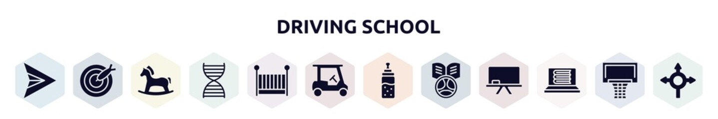 driving school filled icons set. glyph icons such as paper airplane, dart, hobby horse, dna structure, cradle, golf cart, feeder, driving school, e-learning icon.