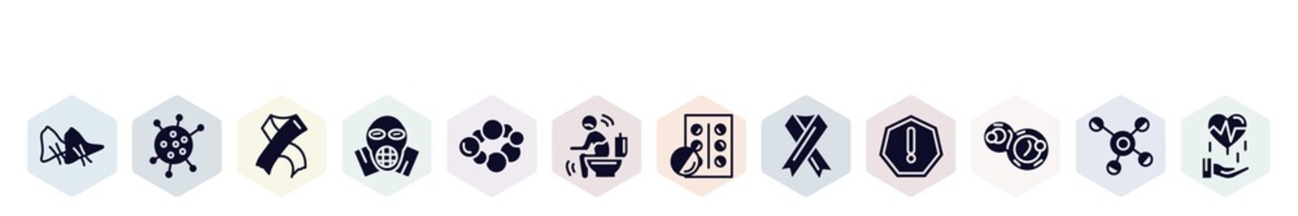 filled icons set. glyph icons such as smallpox, flu, hiv, respirator mask, cancer, diarrhea, blister, aids, cell division icon.