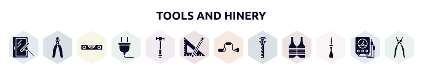 tools and hinery filled icons set. glyph icons such as window cleaner, big pliers, level gauge, electrical plug, hammer facinf left, ruler and pencil, brace, sliding scale, wood lino cutter