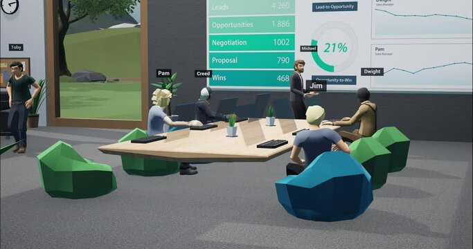 People as avatars having a business meeting in a virtual metaverse VR office, discussing company financial sales report stats. Generic 3d rendering