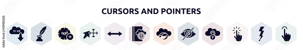 Aufkleber cursors and pointers filled icons set. glyph icons such as 10 gb download, quill and ink, add time, 