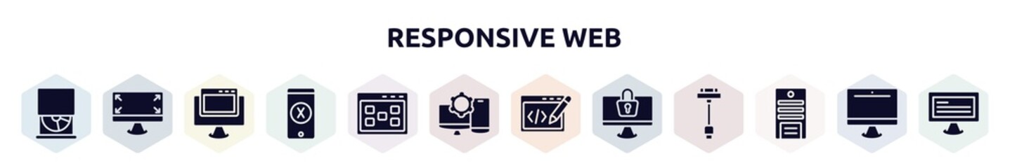 responsive web filled icons set. glyph icons such as cd drive, expand corners, , os x, ux de, display tablet smartphone cogwheel, editing code, monitor locked, system unit icon.