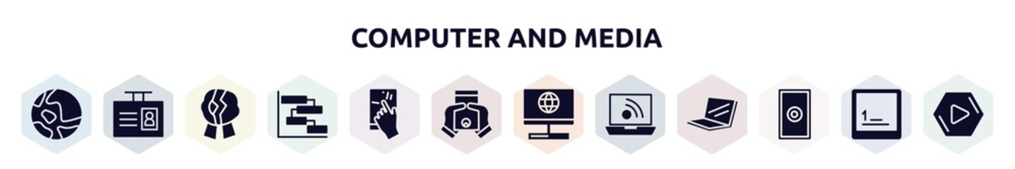 computer and media filled icons set. glyph icons such as map, id badge, wax seal broken, chart gantt, touch, grip between hands, laptop with internet connection, laptop connected to internet, grip,
