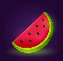Game big Watermelon. Red fruit, natural and fresh products. Interface for online mobile applications and entertainment. Poster or banner for internet marketing. Cartoon flat vector illustration