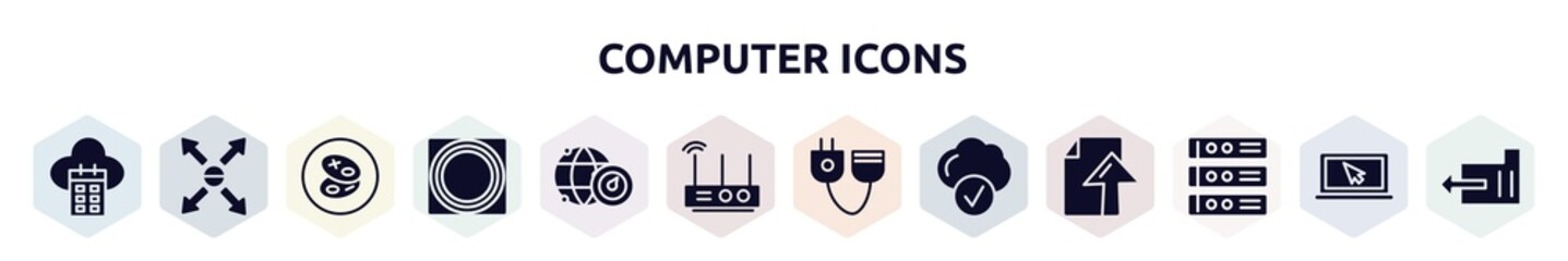 computer icons filled icons set. glyph icons such as calendar on cloud, responsive, cookies, button touch, internet connection speed, wireless lan router device, plug connector, connected clouds,