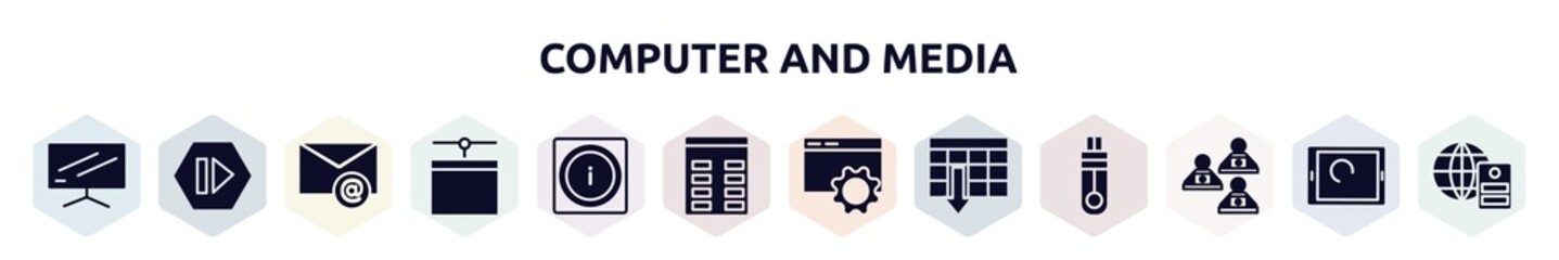 computer and media filled icons set. glyph icons such as flatscreen tv, forward media step, email envelope, network administration, information on internet, spreadsheet column, internet