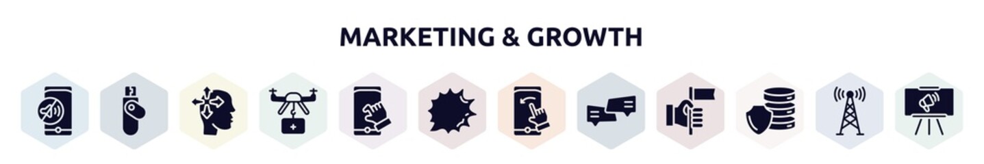 marketing & growth filled icons set. glyph icons such as no sound, flash disk, introvert, medical assistance, pinch, shout, swipe left, chat bubbles, database security icon.
