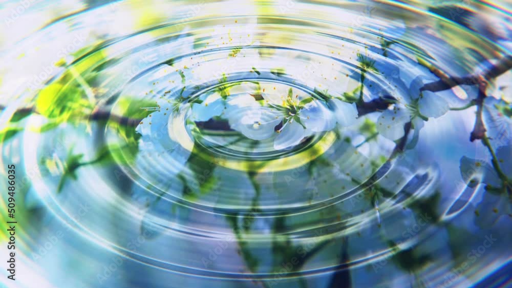 Poster realistic looping 3d animation of the circles on a water surface with beautiful blooming apple tree 