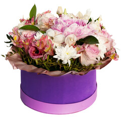 Bouquet of fresh beautiful flowers top view. Bouquet consists of roses, peonies, orchids, chrysanthemums.