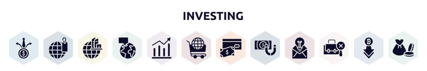 investing filled icons set. glyph icons such as diversify, trademark, headquarters, breaking, demand, world wide shopping, savings, retention, not search icon.