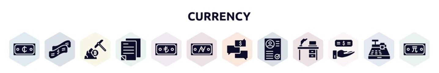 currency filled icons set. glyph icons such as cedis, dollar bill, pickaxe, ledger, turkish lira, namecoin, money talk, curriculum, earnings icon.