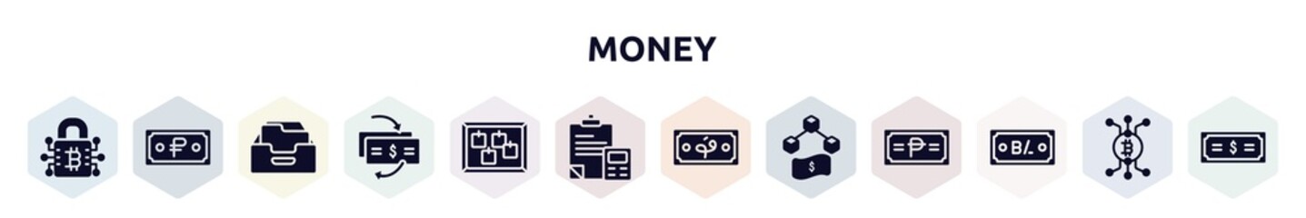 money filled icons set. glyph icons such as private key, ruble, filing cabinet, cash flow, cork board, formula, afghani, funds, balboa icon.
