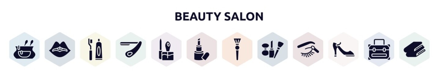 beauty salon filled icons set. glyph icons such as cosmetic bag, woman lips, toothbrush and toothpaste, straight razor, manicure, inclined lipstick, inclined makeup brush, cosmetic tools, high heel