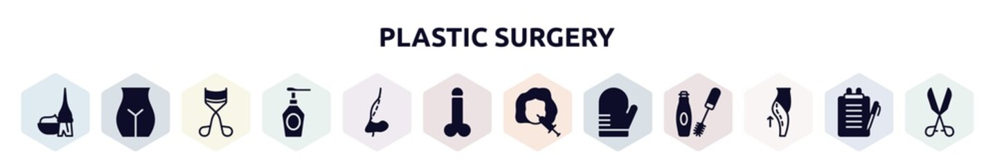 plastic surgery filled icons set. glyph icons such as dye, , eyelashes curler, spray bottle, rhinoplasty, mesotherapy, oven mitt, lifting