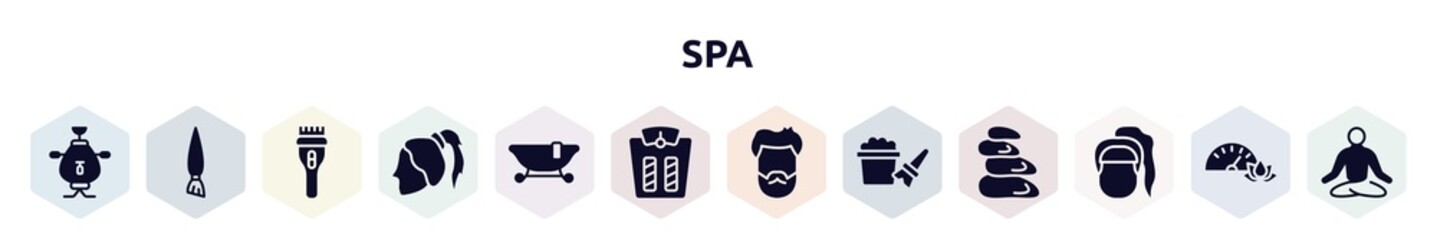 spa filled icons set. glyph icons such as samovar, angle brush, clipper, ponytail hair, , weighing, male head hair and beard, bubbles, female head with ponytail icon.