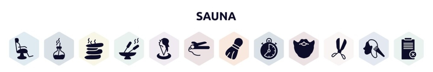 sauna filled icons set. glyph icons such as barber chair, scent, hot stone, incense, hair salon, hair straighter and hair curler, shaving brush, stopclock, scissors badge icon.