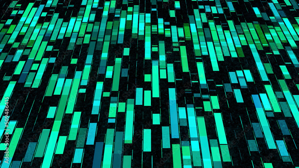 Poster abstract geometric technological pattern with blocks of data moving on black background. animation. 