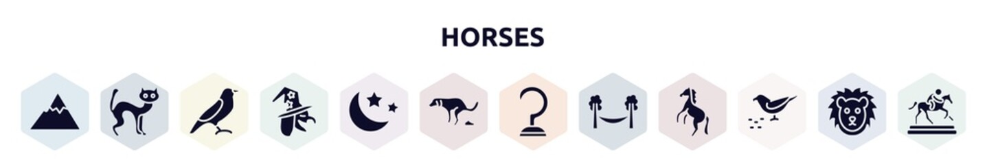 horses filled icons set. glyph icons such as mountain range, black cat, bird of black feathers, witch, moon and stars, dog shitting, hook, hammock, bird eating seeds icon.