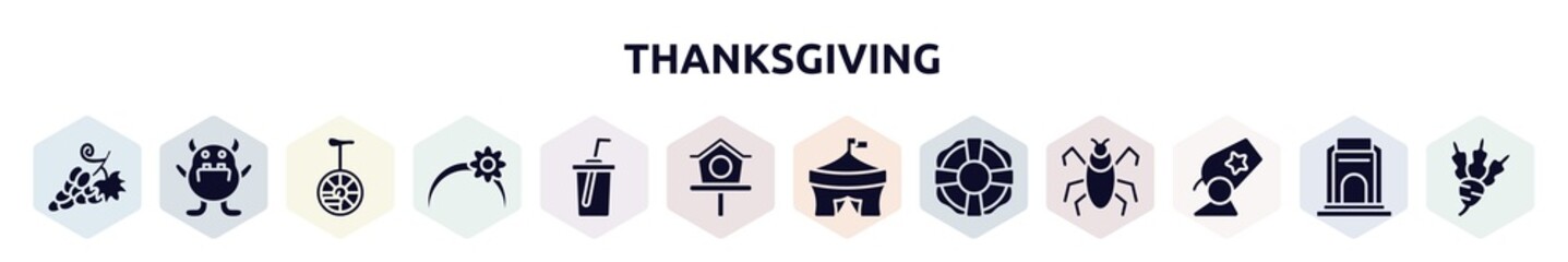 thanksgiving filled icons set. glyph icons such as grapes, monster, unicycle, headband, soda, bird house, circus, lifesaver, cannon icon.