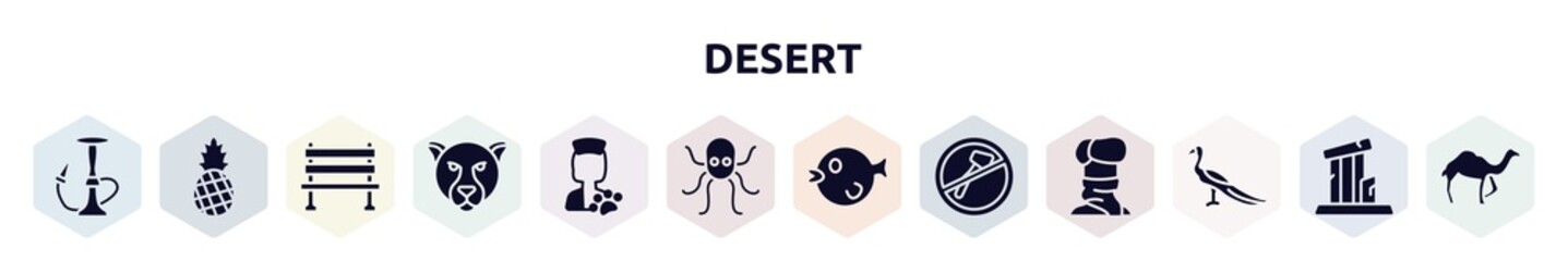 desert filled icons set. glyph icons such as hookah, pine, bench, jaguar, veterinarian, octopus, puffer fish, no cut, peacock icon.