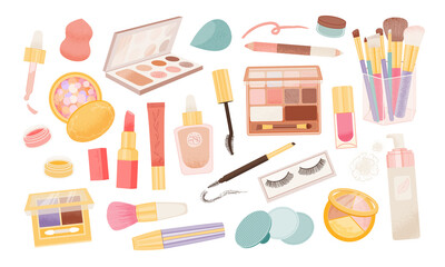 Woman cosmetic products. Beauty set of cosmetics, vector icon set. Mascara, lipstick, eye shadows, brush, concealer, lip gloss, sponge. 