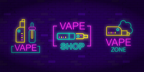 Vape shop neon sign collection vector. Vaping Store Logos set Emblem Neon, Its Vape Shop Concept,. Trendy designer elements for advertising. Vector EPS