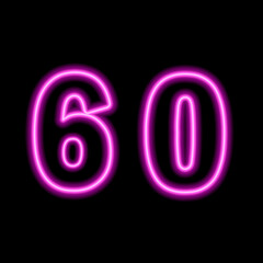 Neon pink number 60 on black background. Serial number, price, place