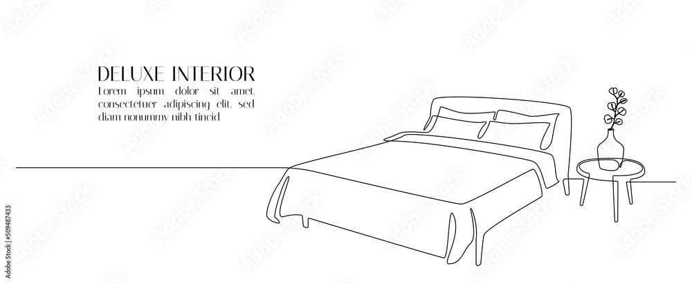 Poster continuous one line drawing of double bed and table with potted plant. scandinavian stylish furnitur