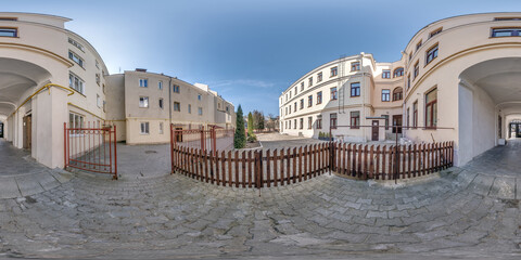 full seamless spherical hdri panorama 360 degrees angle near old houses in narrow courtyard or...