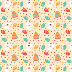 Seamless birthday pattern with a cute dog, birthday cake decorated candle blue, flying colorful 
balloons on beige background for boy.Great for party, cards, invites, wallpapers, wrapping,
gift pack