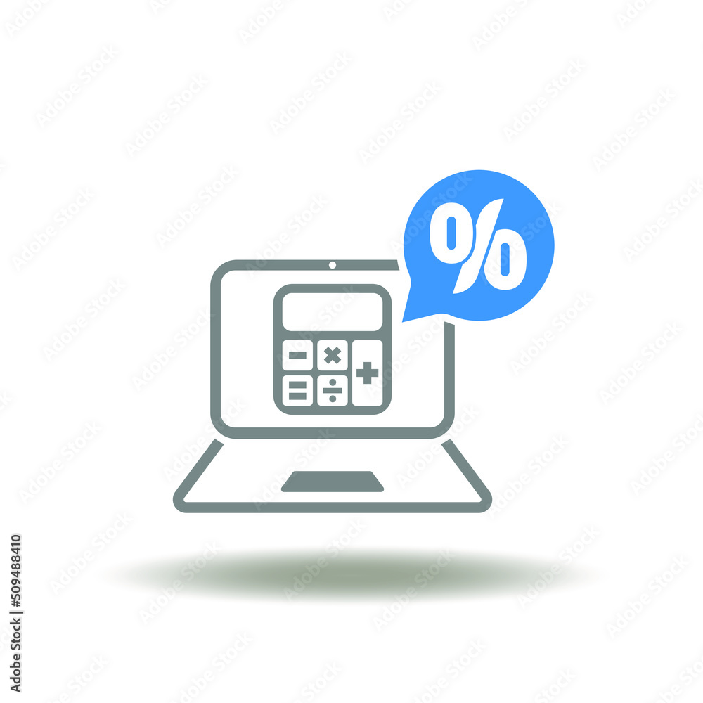 Poster vector illustration of laptop mobile computer with calculator and speech bubble with percent sign. i
