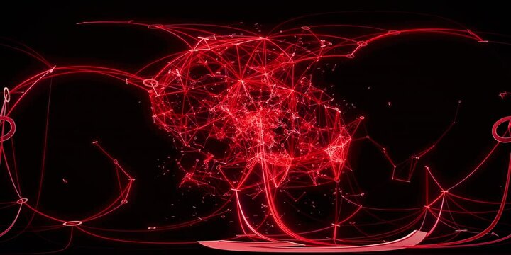VR360 Red Digital Binary Metaverse Data Network expansion explosion Meta universe burst Plexus digits lines expanding forming a tunnel flying forward then collapses explodes Motion background 360VR