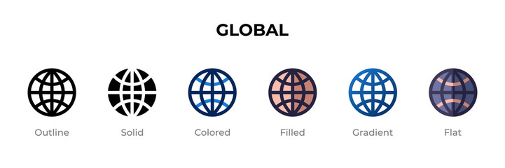 Global icon in different style. Global vector icons designed in outline, solid, colored, filled, gradient, and flat style. Symbol, logo illustration. Vector illustration