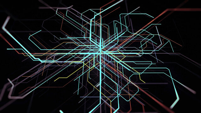 Many narrow beams moving into all the sides from one point on black background. Animation. Concept of multiple choice and different options.