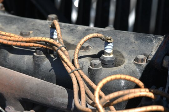 Vintage car engine with spark plugs and wires