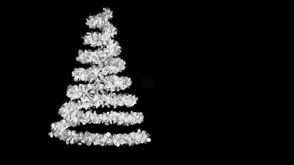 Abstract brilliant Christmas Tree consisting of white shimmering snowflakes and decorated by multicolored shiny balls of different sizes rotating on black. Animation. Christmas animated background