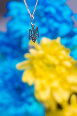 Ukrainian symbol trident on the background of blue and yellow chrysanthemums. War in Ukraine 2022....