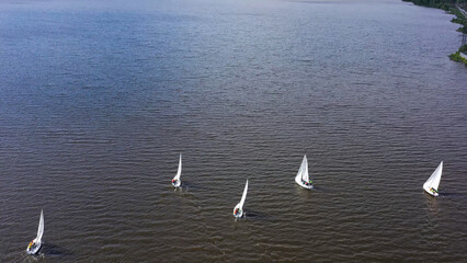 Top view of competition of sailing yachts. Video. Beautiful regattas floating on background of green coast and distant city. Landscape of lake with floating regattas