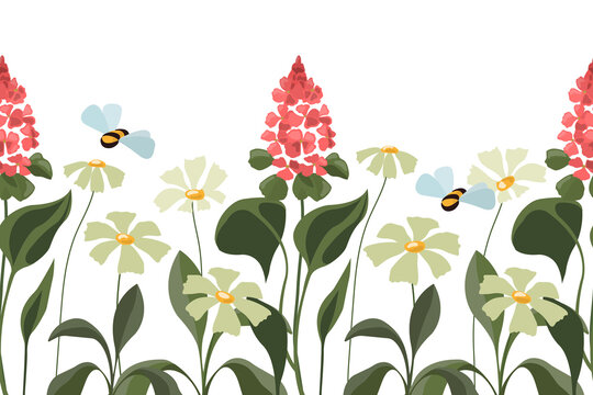 Vector floral seamless pattern, border. Horizontal panoramic illustration with flowers and bees on a white background.
