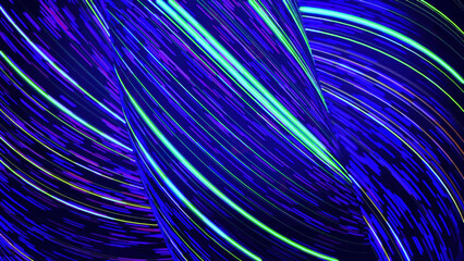 Abstract 3D black spirals with neon lines. Animation. Neon colorful lines are intertwined in voluminous black weave. Swirling fluorescent lines on black background
