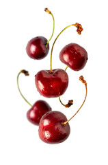 cherry berries in water drops on a white background, levitation, flying food, selective focus